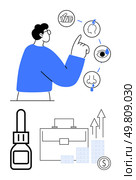 Man pointing at human senses icons, medication bottle, briefcase, and business growth graphics. Ideal for healthcare, business, medical advice, corporate health, growth strategies financial health. Person Pointing at Health Icons with Business Growth Symbols and Medication Bottle. Стоковая иллюстрация, агентство Ingram Publishing / Фотобанк Лори