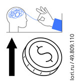 Human head with tangled thoughts being untangled by a hand, dollar coin, upward arrow. Ideal for mental health, financial planning, brainstorming, clarity, decision-making, personal growth business. Process of untangling a cluttered mind for financial growth and better decision-making. Стоковая иллюстрация, агентство Ingram Publishing / Фотобанк Лори