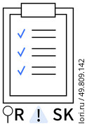 Clipboard with three blue checkmarks and lined items. Magnifying glass, triangle with exclamation mark, and letters R and SK below. Ideal for risk management, safety, task completion, business. Checklist with Three Blue Checkmarks and Risk Warning Symbol Below Clipboard Highlighting Precautions. Стоковая иллюстрация, агентство Ingram Publishing / Фотобанк Лори