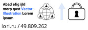 Network of connected users illustrating global communication. Blue arrow pointing to locked padlock signifies cybersecurity. Ideal for online security, data protection, networking, privacy. Global Networking and Cybersecurity Visualized Through Connected Users and Lock Icon. Стоковая иллюстрация, агентство Ingram Publishing / Фотобанк Лори
