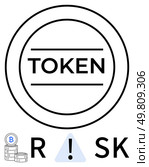 Cryptocurrency token within circle, exclamation mark in triangle, stack of Bitcoin coins, and RISK text. Ideal for finance, investment, blockchain, cryptocurrency, security awareness danger. Cryptocurrency token with risk warning symbol and Bitcoin stacks highlighting investment caution. Стоковая иллюстрация, агентство Ingram Publishing / Фотобанк Лори