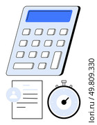 Calculator stopwatch and document symbolize productivity time control, accuracy, and organization. Ideal for business, finance, accounting, project management, education, and administrative tasks. Calculator, Stopwatch, and Document Representing Efficiency and Time Management in Modern Workspaces. Стоковая иллюстрация, агентство Ingram Publishing / Фотобанк Лори