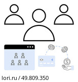 Three outline figures connected to web, v07page with user icons, credit card, hand with coins, indicating money transfer. Ideal for business, networking, finance, online transactions, social media web, v07. Online Networking and Financial Transactions Represented by Figures and Icons. Стоковая иллюстрация, агентство Ingram Publishing / Фотобанк Лори