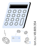 Large calculator above coins, credit card, and hand. Ideal for finance management, accounting, budgeting, financial planning, banking calculations and digital transactions themes. Line metaphor. Large calculator with coins, credit card, and hand depicting financial management and calculations. Стоковая иллюстрация, агентство Ingram Publishing / Фотобанк Лори