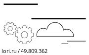 Gears and cloud icon connected by horizontal lines suggesting network and technology integration. Ideal for cloud computing, digital infrastructure, cloud storage, data management, automation. Cloud computing with gears representing cloud technology linkage and efficiency. Стоковая иллюстрация, агентство Ingram Publishing / Фотобанк Лори