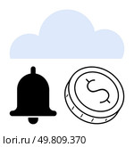 Cloud icon above bell and coin symbol. Ideal for cloud computing, fintech, alerts, notifications, financial tech, cloud storage, and online banking themes. Line metaphor. Cloud Technology Integration with Financial Alerts and Notifications. Стоковая иллюстрация, агентство Ingram Publishing / Фотобанк Лори