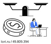 Scales balance symbolizing equity, dollar coin representing finance, person working on laptop Ideal for work-life balance, financial management, digital economy, remote work, economic fairness. Balancing Work and Financial Planning with Technology in a Digital Era. Стоковая иллюстрация, агентство Ingram Publishing / Фотобанк Лори