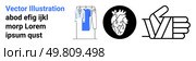 Clothing on rack, anatomical heart in circle, and hand gesture displayed with sample text. Ideal for fashion iconography, medical diagrams, body language symbolism, education, design inspiration. Detailed Sketches of Clothing Rack, Anatomical Heart, and Hand Gesture with Text Elements. Стоковая иллюстрация, агентство Ingram Publishing / Фотобанк Лори