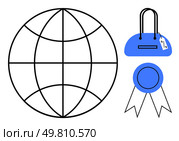 Black-outlined globe and stylish handbag with tag, blue award ribbon with two white stripes. Ideal for international business, travel, fashion, global commerce, quality assurance, consumer goods. Global fashion and quality certification represented by globe, stylish handbag, and blue ribbon. Стоковая иллюстрация, агентство Ingram Publishing / Фотобанк Лори