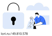 Large padlock icon next to man holding shopping bags with percentage sign, cloud in background. Ideal for e-commerce, online security, cloud storage, retail, discounts, data protection, shopping. Secured Online Shopping with Cloud Storage and Sales Promotions. Стоковая иллюстрация, агентство Ingram Publishing / Фотобанк Лори