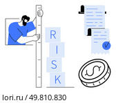 Man measuring blocks with letters RISK, documents with checkmarks, and a coin to symbolize financial risk evaluation. Ideal for finance, risk management, decision-making, business strategy. Evaluating Financial Risk with Measurement Tools and Documentation for Better Decision-Making. Стоковая иллюстрация, агентство Ingram Publishing / Фотобанк Лори
