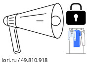 Megaphone projecting announcements near padlock icon and clothing on hangers. Ideal for marketing, security, fashion industry, retail promotion, business communication, advertising, online sales. Megaphone for Announcements Secure Protection Business Clothing Marketing. Стоковая иллюстрация, агентство Ingram Publishing / Фотобанк Лори