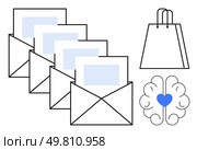 Envelopes containing letters, shopping bag, brain with heart. Ideal for marketing, communication, e-commerce, education, mental health mail services shopping. Line metaphor. Emails and Shopping Bag with Heart-Inspired Brain Reflecting Communication and Mental Health in Retail. Стоковая иллюстрация, агентство Ingram Publishing / Фотобанк Лори