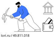 Man wielding a pickaxe, bank building icon, and wallet with credit card, representing financial extraction and economic effort. Ideal for finance, economic mining, banking, digital currency. Man Mining with Pickaxe Near Bank Building and Wallet with Credit Card, Symbolizing Financial Extraction. Стоковая иллюстрация, агентство Ingram Publishing / Фотобанк Лори