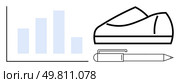 Bar chart graph next to a tape dispenser and pen. Ideal for office themes, productivity, data analysis, financial reports, education, business tools, stationary supplies. Line metaphor. Office Supplies with Graph Bar Chart Tape Dispenser, Pen, and Financial Data Visualization. Стоковая иллюстрация, агентство Ingram Publishing / Фотобанк Лори