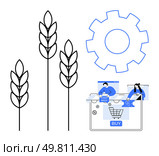 Three wheat stalks, a large gear icon, and an online shopping interface depicting cashback and discounts. Ideal for agri-commerce, e-commerce, technology in farming, digital transformation, holistic. E-commerce and Agriculture Integration with Online Shopping and Yield Optimization. Стоковая иллюстрация, агентство Ingram Publishing / Фотобанк Лори