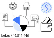 Pie chart, Bitcoin icon, house, financial documents, dollar symbol, wallet with credit card. Ideal for finance, investments budgeting cryptocurrency real estate financial planning savings. Line. Financial Planning Overview with Pie Chart, Cryptocurrency, Real Estate, Documents, Wallet, and Credit Card. Стоковая иллюстрация, агентство Ingram Publishing / Фотобанк Лори
