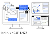 Computer monitor displaying emails, digital eye, binary code, graphs, and charts on additional screens. Ideal for office settings, data analytics, cybersecurity, IT management, email monitoring. Email and Data Analysis on Computer Monitors with Security Oversight and Graphs Displayed. Стоковая иллюстрация, агентство Ingram Publishing / Фотобанк Лори