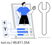Person in blue shirt uses fitness app on smartphone with charts, exercise icons, and large wrench. Ideal for fitness, health, apps, technology, customization personal development wellness. Line. Person Using Fitness App on Smartphone with Health Metrics and Customization Options. Стоковая иллюстрация, агентство Ingram Publishing / Фотобанк Лори