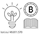 Light bulb with sprouting leaves, Bitcoin symbol inside a coin, and open book. Ideal for technology, cryptocurrency, education, finance, inspiration, sustainability, knowledge themes. Line metaphor. Innovation, Cryptocurrency, and Education Concept with Light Bulb, Bitcoin Symbol, and Open Book. Стоковая иллюстрация, агентство Ingram Publishing / Фотобанк Лори