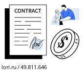 Contract document with visible signature, person holding shopping bags, and a dollar coin. Ideal for business deals, e-commerce, financial agreements, legal services, retail, shopping. Contract agreement with signature, shopper holding bags, and a dollar coin, symbolizing commerce and legality. Стоковая иллюстрация, агентство Ingram Publishing / Фотобанк Лори