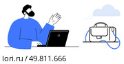 Man with beard gesturing during a video call on his laptop with a briefcase and cloud storage symbol. Ideal for remote work, online meetings, digital nomads, cloud computing, business communication. Remote Worker Engaged in Video Call with Briefcase and Cloud Storage Icon Nearby. Стоковая иллюстрация, агентство Ingram Publishing / Фотобанк Лори