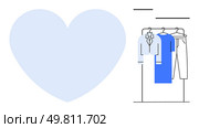 Clothes on hangers arranged on a rack, including a jacket, shirt, and pants, standing beside a large light blue heart. Ideal for fashion, love for clothing, minimalism, online shopping apparel. Minimalist wardrobe with hanging clothes on a rack next to a prominent light blue heart shape. Стоковая иллюстрация, агентство Ingram Publishing / Фотобанк Лори