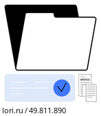 Documents inside black and white folder with blue checkmark and invoice symbol. Ideal for finance, organization, record-keeping, invoicing, business, office administration, and data management. Black and White Folder with Documents, Invoice, and Checkmark for Financial and Organizational Tasks. Стоковая иллюстрация, агентство Ingram Publishing / Фотобанк Лори