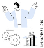 Business figure pointing fingers, two interconnected gears, and a 5G-enabled building scene. Ideal for technology, business strategy, innovation, telecommunications, networking, industrial design. Business figure pointing with gears and 5G network building concept in a minimalist style. Стоковая иллюстрация, агентство Ingram Publishing / Фотобанк Лори