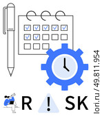 Business planning concept featuring a calendar with checkmarks, a pen, a clock gear, and a risk analysis symbol with a blue alert triangle. Ideal for project management, time management, scheduling. Business Planning Concept with Calendar, Pen, Clock Gear and Risk Analysis Symbol. Стоковая иллюстрация, агентство Ingram Publishing / Фотобанк Лори