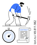 Worker with pickaxe clock signed contract. Ideal for concepts of labor, dedication, productivity, time management, agreements, employment, and deadlines. Line metaphor. Worker with Pickaxe, Clock, and Signed Contract Symbolizing Hard Work, Time Management, and Agreement. Стоковая иллюстрация, агентство Ingram Publishing / Фотобанк Лори