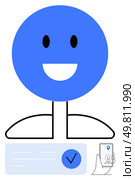 Smiling blue avatar head with verification check mark, holding smartphone displaying a message icon. Ideal for user authentication, online security, social media, digital identity, mobile apps. Smiling avatar with verification mark and smartphone message icon, representing online identity security. Стоковая иллюстрация, агентство Ingram Publishing / Фотобанк Лори