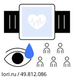 Heart rate watch with heartbeat display, eye with teardrop, and group of people icons. Ideal for health tracking, emotional wellness, community support, fitness, technology, healthcare, and mental. Smart Health Monitoring Heart Rate Watch, Teardrop Symbol, and Community Connections. Стоковая иллюстрация, агентство Ingram Publishing / Фотобанк Лори