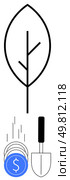 Stylized leaf above falling coins and a shovel suggesting investment growth. Ideal for finance, sustainability, investment, eco-friendly business, financial planning, gardening, and resource. Growing investments concept with stylized leaf, coins, and shovel emphasizing financial growth. Стоковая иллюстрация, агентство Ingram Publishing / Фотобанк Лори