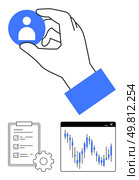 Hand holding blue user icon, checklist with checkmarks and gear, analytics window with graphical data. Ideal for project management, HR, data analysis, recruitment, productivity, business strategy. Hand holding user icon with checklist and analytics window for project management and data analysis. Стоковая иллюстрация, агентство Ingram Publishing / Фотобанк Лори