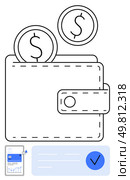 Digital wallet with two coins above, representation of a secure transaction confirmation on a device. Ideal for finance apps, online payments, secure transactions, budget tracking, banking services. Digital Wallet with Coins and Secured Transaction Confirmation, Minimalist and Modern Style. Стоковая иллюстрация, агентство Ingram Publishing / Фотобанк Лори