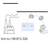 Factory emitting smoke, credit card transferring coins to an outstretched hand. Ideal for fintech, manufacturing, industrial payments, transaction processes, business finance, e-commerce, digital. Digital Payment Concept with Factory, Credit Card, Coins, and Outstretched Hand. Стоковая иллюстрация, агентство Ingram Publishing / Фотобанк Лори