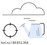 Cloud, watering can, and target outline with minimalistic design. Ideal for cloud computing, goal setting, data management, nurturing growth, productivity business strategy technology. Line. Cloud, Watering Can, and Target Outline Representing Data Management and Growth Strategy. Стоковая иллюстрация, агентство Ingram Publishing / Фотобанк Лори