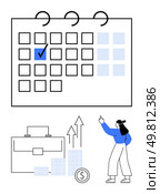 Calendar with highlighted date and check mark, briefcase, person pointing at rising graph, money symbol. Ideal for business planning, scheduling, time management, financial growth, productivity. Business Planning and Scheduling with Calendar, Document Case, and Financial Growth Illustration. Стоковая иллюстрация, агентство Ingram Publishing / Фотобанк Лори