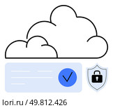 Cloud icon above blue box with check mark and security shield with lock. Ideal for cybersecurity, data protection, cloud storage, IT services, online privacy, secure access, network security themes. Cloud Computing Security with Check Mark and Shield Lock Protection. Стоковая иллюстрация, агентство Ingram Publishing / Фотобанк Лори