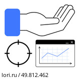 Open hand symbolizing support, growth chart indicating progress, and target reticle for goal setting. Ideal for business strategy, financial planning, goal achievement, support networks, analytics. Open Hand with Growth Chart and Target Reticle Representation of Business Support and Goals. Стоковая иллюстрация, агентство Ingram Publishing / Фотобанк Лори