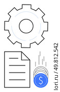 Gear icon above a document and falling coins. Ideal for finance, business strategy, operational efficiency, budget planning, cost reduction, process optimization, and automation. Line metaphor. Gear, Document, and Falling Coins Representing Business Operations and Financial Efficiency. Стоковая иллюстрация, агентство Ingram Publishing / Фотобанк Лори