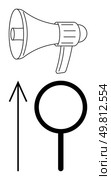 Megaphone symbolizing communication placed above an upward arrow indicating growth, and a magnifying glass representing search. Ideal for business, marketing, growth strategy, communication. Megaphone, Upward Arrow, and Magnifying Glass Representing Communication, Growth, and Search. Стоковая иллюстрация, агентство Ingram Publishing / Фотобанк Лори