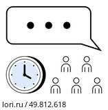Speech bubble with ellipsis clock showing time, and five people icons. Ideal for meetings, communication, teamwork, collaboration, scheduling, organization, and time management. Line metaphor. Time Management for Group Discussions Speech Bubble, Clock, and People Symbols. Стоковая иллюстрация, агентство Ingram Publishing / Фотобанк Лори