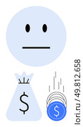 Emotionless face above a money bag and falling coins. Ideal for finance, banking, investment, economic downturn, budget cuts, financial stress, wealth management. Line metaphor. Emotionless face with money bag and falling coins representing financial worries or indifference. Стоковая иллюстрация, агентство Ingram Publishing / Фотобанк Лори