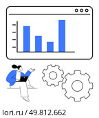 Person with laptop pointing at bar chart, accompanied by two cogwheels. Ideal for business analysis, data presentation, process improvement, management, planning, organization teamwork. Line. Professional analyzing bar chart data on laptop with gears representing process optimization. Стоковая иллюстрация, агентство Ingram Publishing / Фотобанк Лори