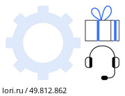 Gear mechanism next to a gift box with blue ribbon and a headset. Ideal for customer service, technical support, online shopping, customer appreciation, service reward programs, business operations. Gear, Gift Box with Blue Ribbon, and Headset Representing Customer Support and Service Concept. Стоковая иллюстрация, агентство Ingram Publishing / Фотобанк Лори