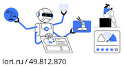 AI robot with multiple arms managing justice scales, health data, automation, and user ratings while a person interacts via tablet. Ideal for technology, AI, automation, health, justice user. AI Robot Multitasking in Various Fields Including Health, Justice, and Automation with User Interaction. Стоковая иллюстрация, агентство Ingram Publishing / Фотобанк Лори