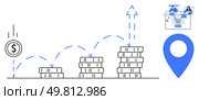Stacks of coins growing taller with a jumping dollar coin, ecommerce shopping cart with online shopping icon, and a location pin. Ideal for finance, investment, ecommerce, business growth, online. Financial growth concept with increasing stacks of coins, ecommerce shopping cart icon, and location pin. Стоковая иллюстрация, агентство Ingram Publishing / Фотобанк Лори