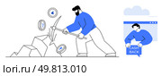A man uses a pickaxe to mine cryptocurrency as coins emerge from rocks. Another man in a browser window enjoys a cashback offer. Ideal for cryptocurrency, mining, finance, cashback, digital economy. Man Mining Cryptocurrency While Another Man Benefits from Cashback Offer in Browser. Стоковая иллюстрация, агентство Ingram Publishing / Фотобанк Лори